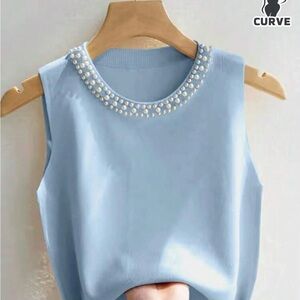 Light Blue Pearl Embellished Tank Top